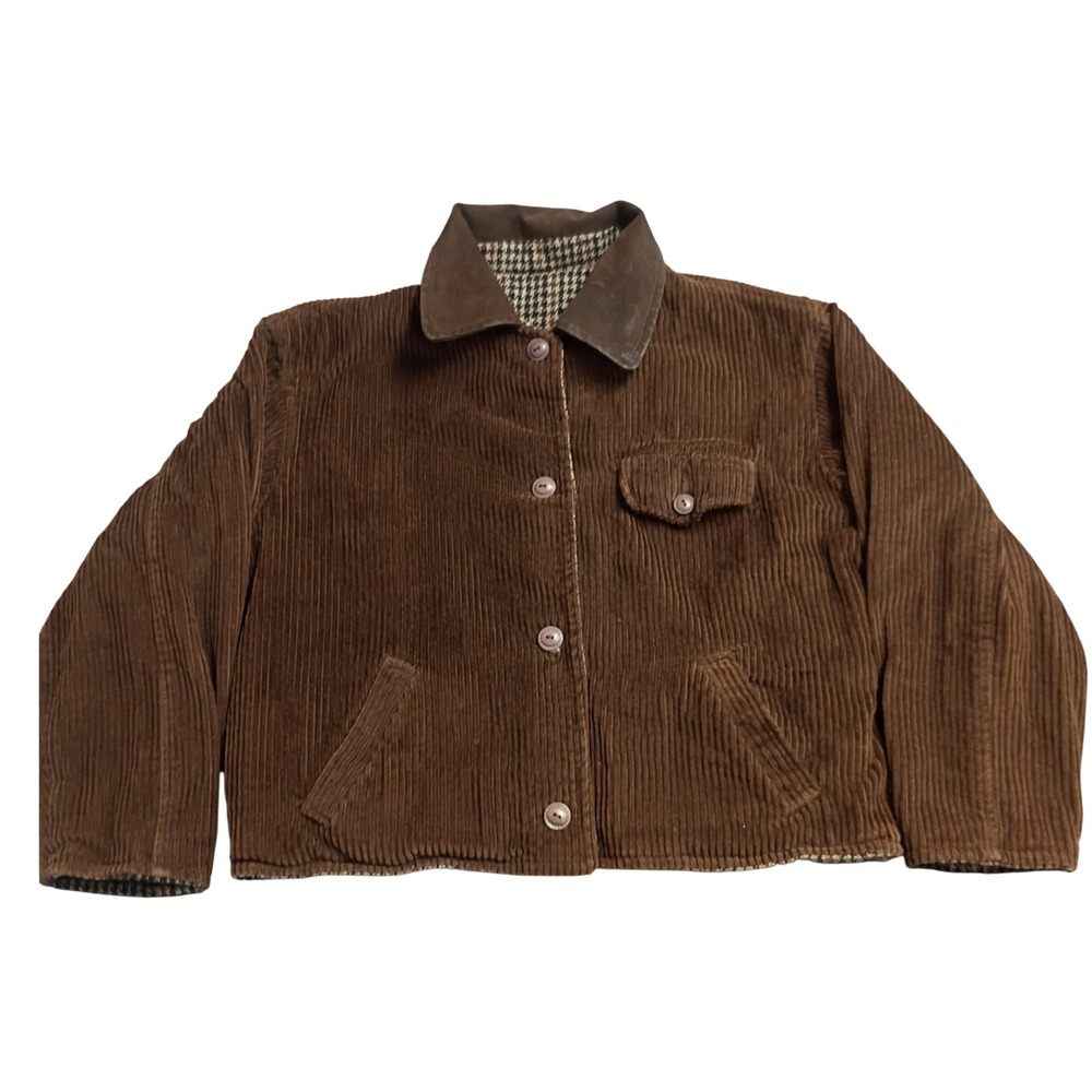 RLR Active Reversible Jacket Women's Medium Brown Corduroy Wool Houndstooth